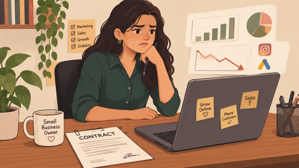 Small business owner reviewing a freelancer contract before hiring a digital marketing freelancer
