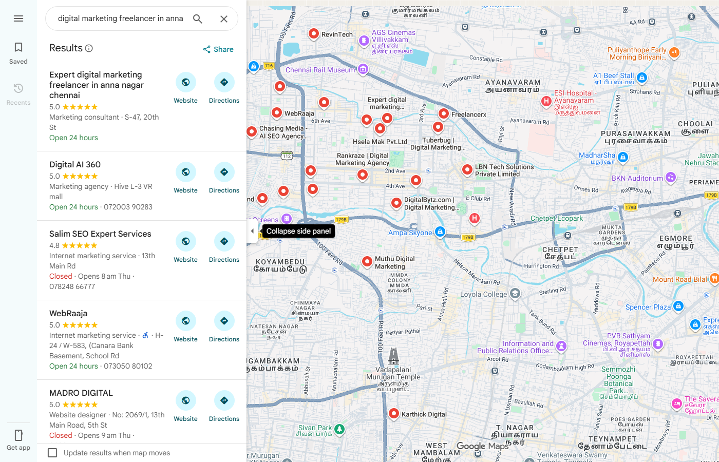 Google Business Profile optimization Chennai example: Google Maps results for digital marketing freelancer in Anna Nagar, September 2026, with the author's profile first