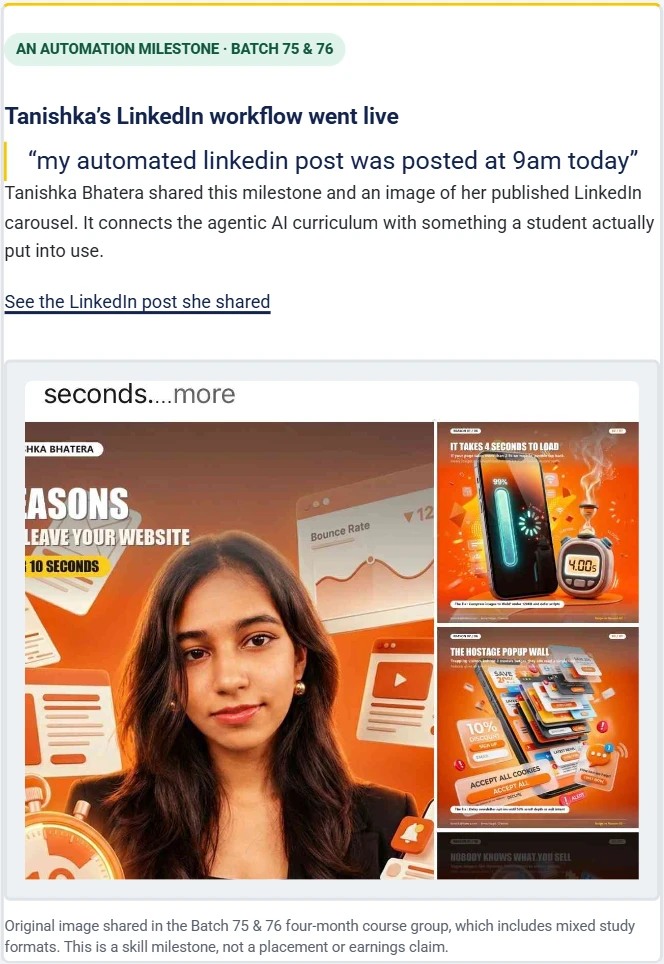 Digital Scholar milestone write-up: Tanishka's automated LinkedIn workflow went live, with her published carousel